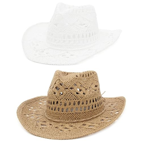 EOZY Men & Women's Summer Cowboy Cowgirl Straw Hat Hollow Out Woven Roll Up Wide Brim Hat/White+Camel | Amazon (US)