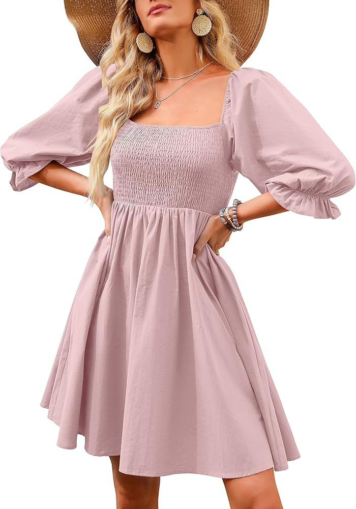 ANRABESS Womens Summer 3/4 Puff Sleeve Square Neck Smocked Babydoll Dress Cute A Line Flowy Short Mi | Amazon (US)