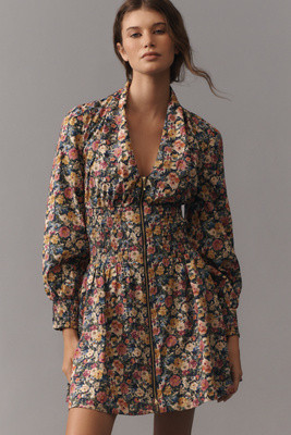 The Tommie Long-Sleeve Smocked Front-Zip Mini Shirt Dress | Anthropologie (US)