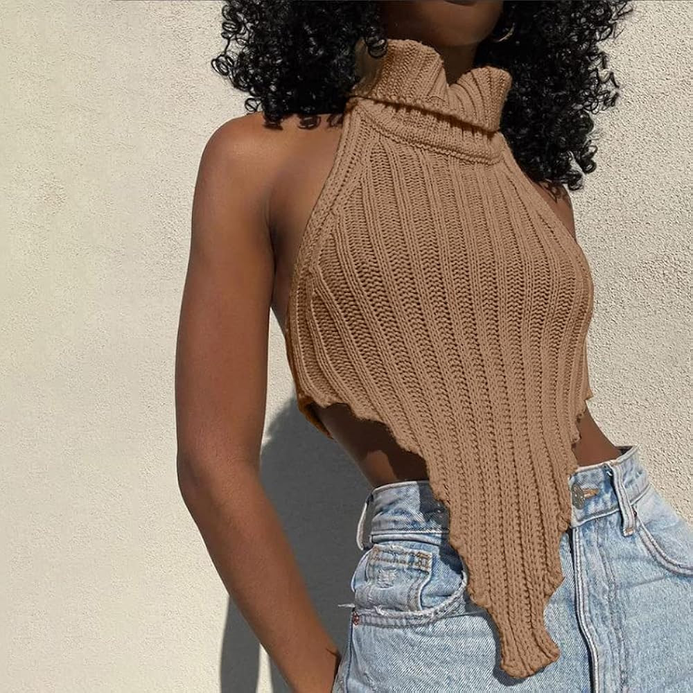 AIBEARTY Women Sexy Halter Knitted Turtleneck Crop Tank Tops Irregular Cut Out Backless Camisole ... | Amazon (US)