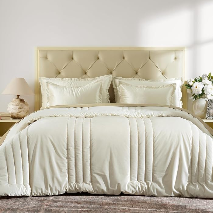 MUSSEL Luxury Cream Ivory Velvet Cal King Size Bed Comforter Set 3 Pieces | Amazon (US)