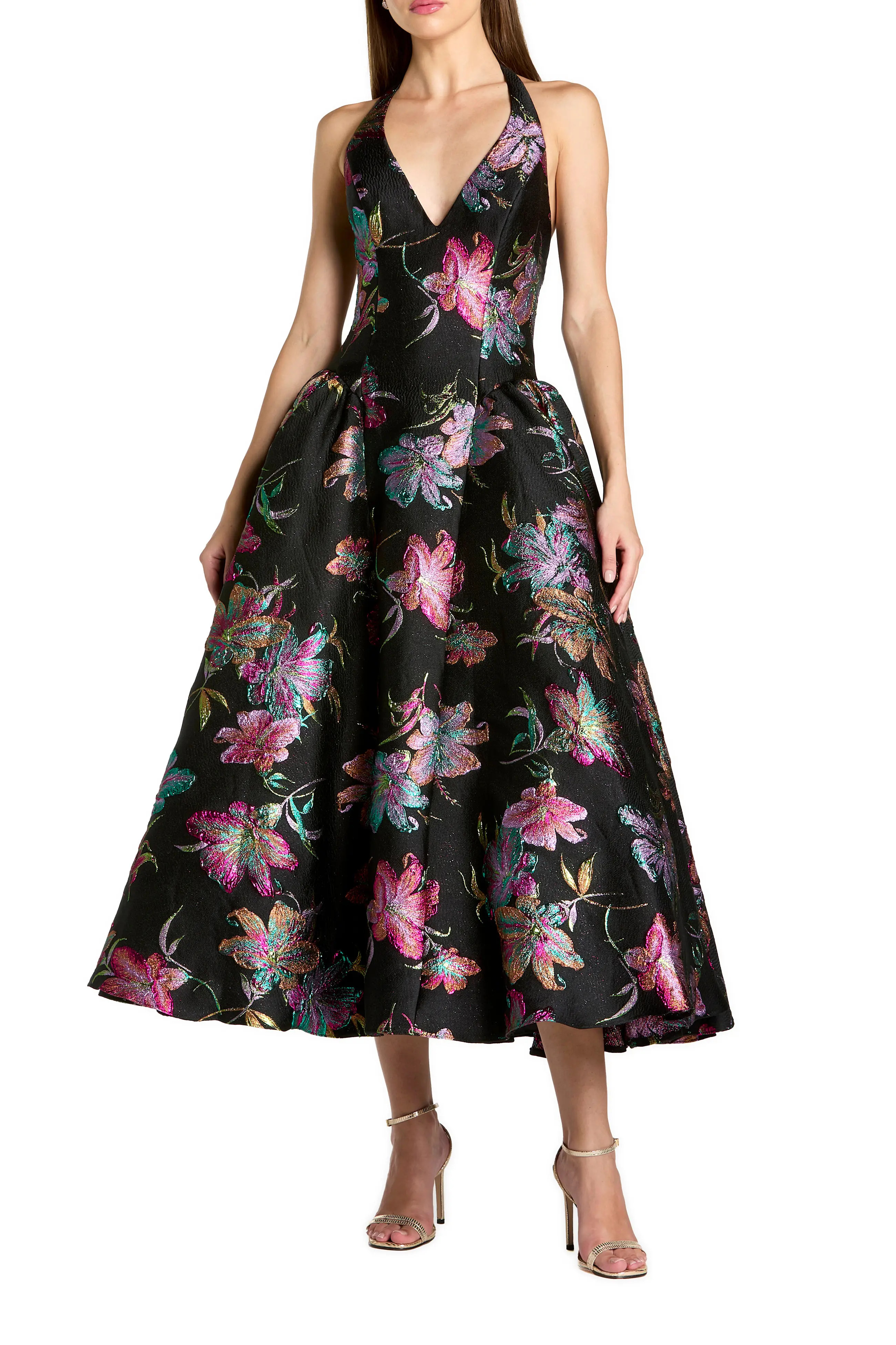 Floral Brocade Halter Neck Open Back Midi Dress (Women) | Nordstrom | Nordstrom