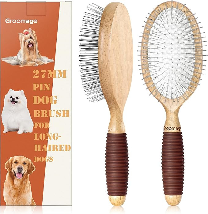 Dog Brush for Long Haired Dogs, 27mm Extra Long Pin Brush for Grooming, Shedding - Beech Wood Mat... | Amazon (US)