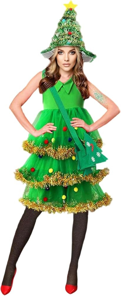 Women's Christmas Tree Costumes Set Tinsel Trim Christmas Tree Hat Dress Stockings and Bag 4Pcs S... | Amazon (US)