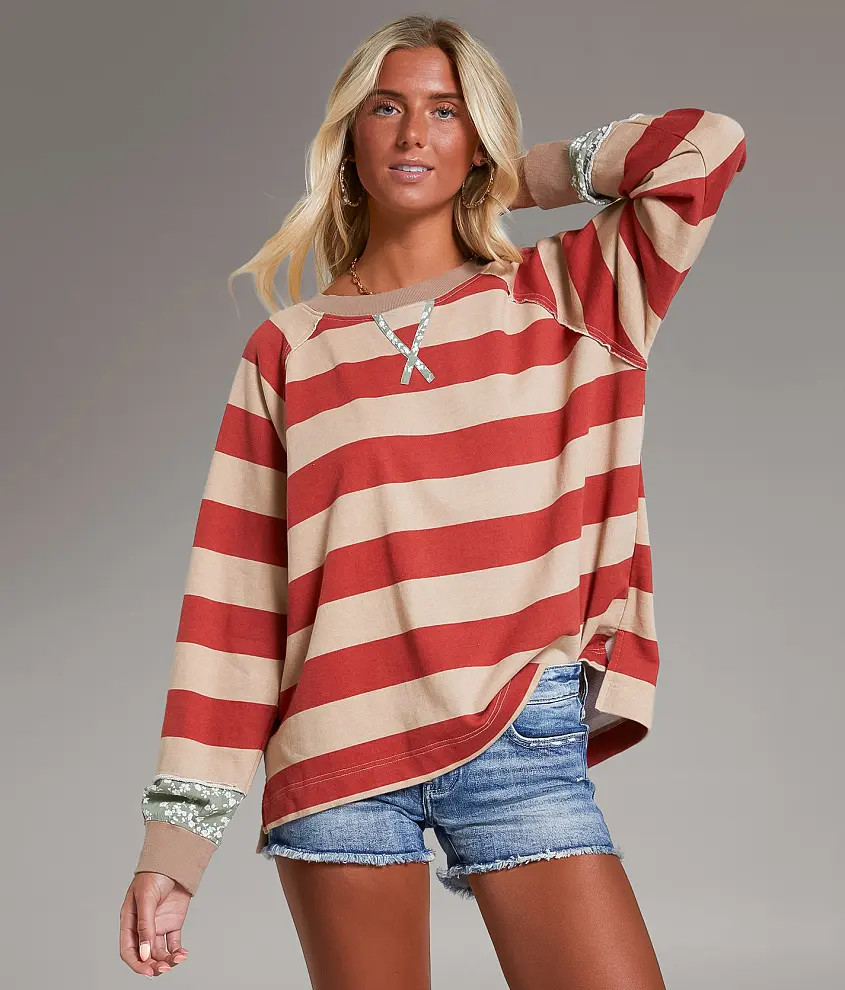 Striped Raw Edge Oversized Pullover | Buckle