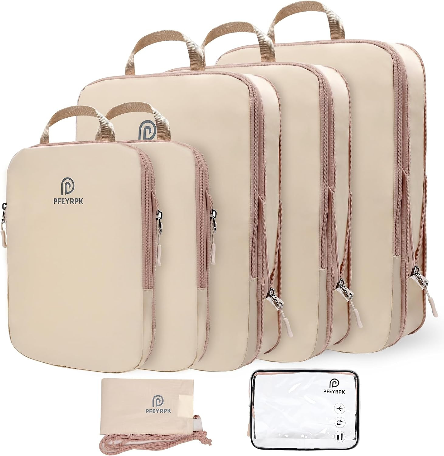 PFEYRPK Lightweight Compression Packing Cubes for Suitcases, Compressible Expandable Travel Packing Organizer with Clear Toiletries and Backpack Bag, Travel Essentials for Carry on Luggage 7 Set | Amazon (US)