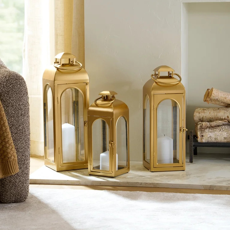 Better Homes & Gardens Gold Metal Lantern Candle Holder with Clear Glass Panels | Walmart (US)