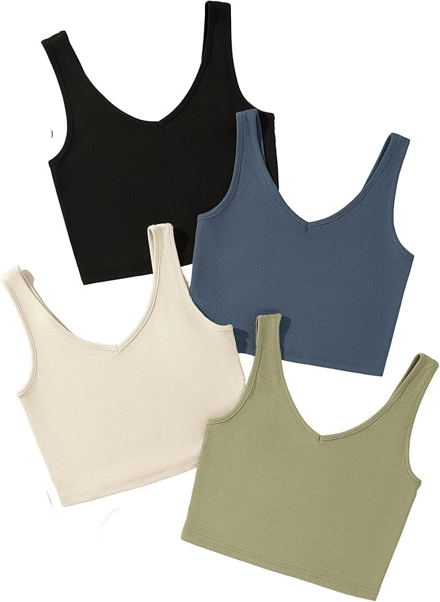Milumia Women's 4 Pack Ribbed Knit V Neck Sleeveless Plain Fitted Crop Tank Top Set | Amazon (US)