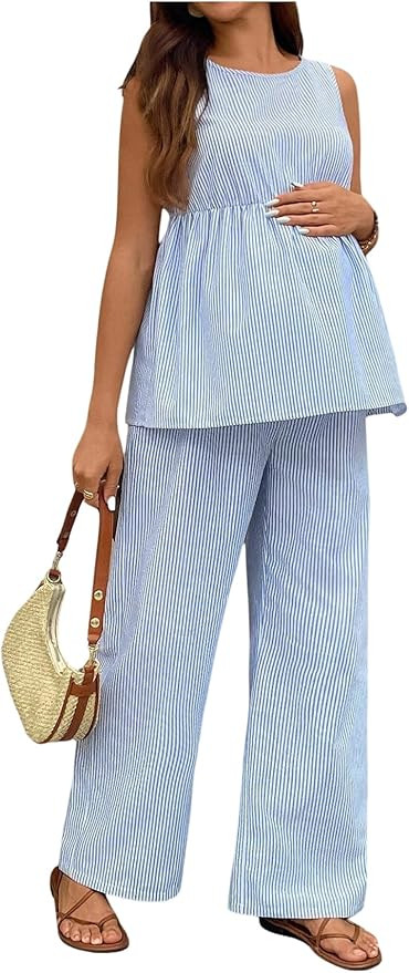 MakeMeChic Women's Maternity Two Piece Outfits Striped Crew Neck Sleeveless Tank Top and Pants Pr... | Amazon (US)