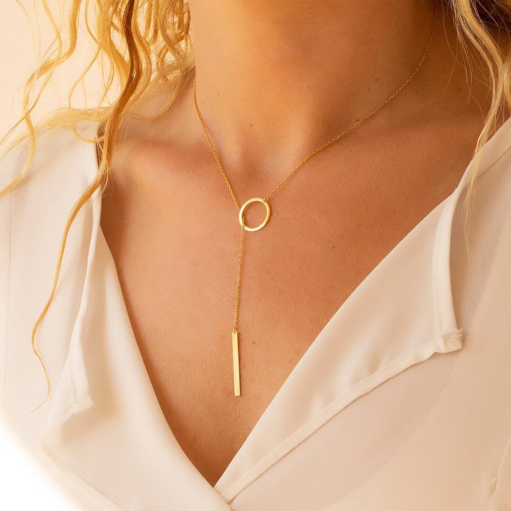 Tewiky Lariat Necklace for Women, Dainty Gold Long Necklaces 14k Gold Plated Heart Pearl CZ Teardrop Pendant Necklace Simple Gold Drop Necklace Trendy Y Necklace Fashion Gold Jewelry for Women Girls | Amazon (US)