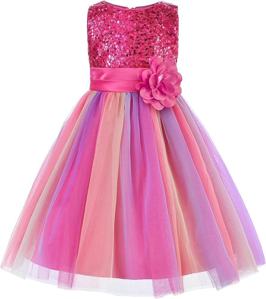 Uhnice Little Girl's Sequin Sleeveless Mesh Rainbow Dress for Wedding Party | Amazon (US)