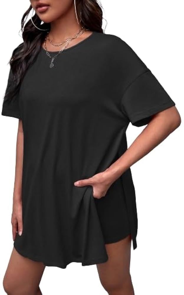 OYOANGLE Women's Maternity 2 Piece Outfits Short Sleeve Split Hem Tee Shirt and Shorts Set | Amazon (US)