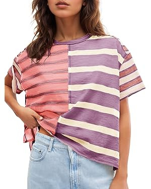 Tankaneo Womens Summer Striped Shirts Casual Color Block Short Sleeve Tops Loose Fit Crew Neck Te... | Amazon (US)