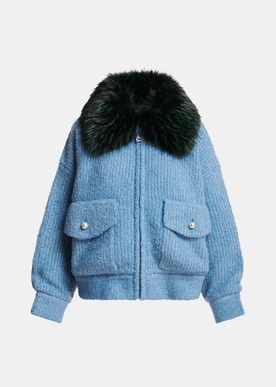 Light blue bouclé bomber with dark green removable faux fur collar | Essentiel Antwerp United St... | Essentiel Antwerp