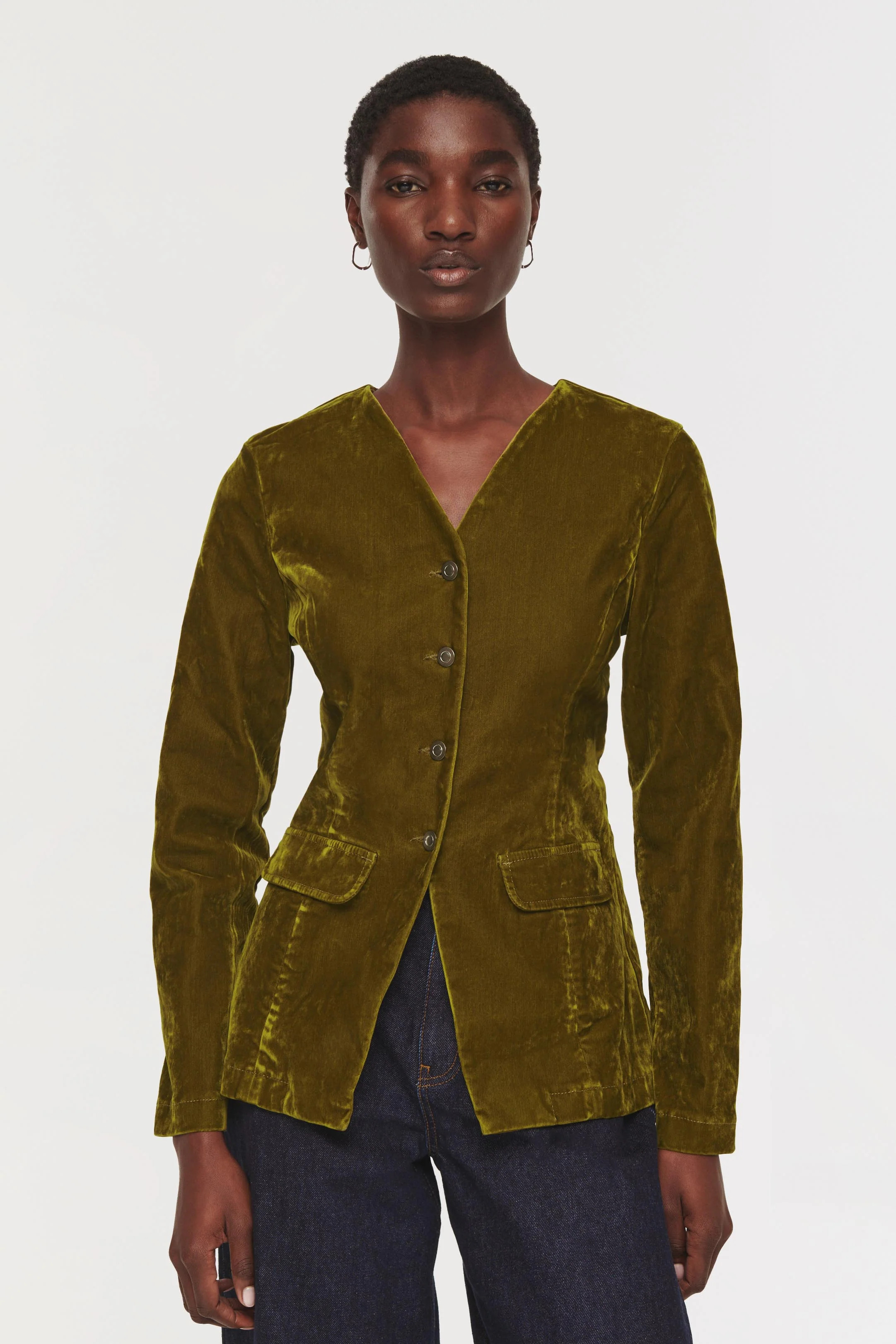 Daphne | Velvet Waisted Blazer in Olive | ALIGNE | ALIGNE UK & EU