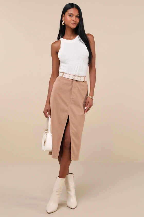 Refreshing Romance Tan Corduroy Midi Skirt | Lulus