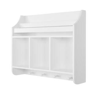 Tiered White Wood Wall Bookshelf with Hooks | The Home Depot