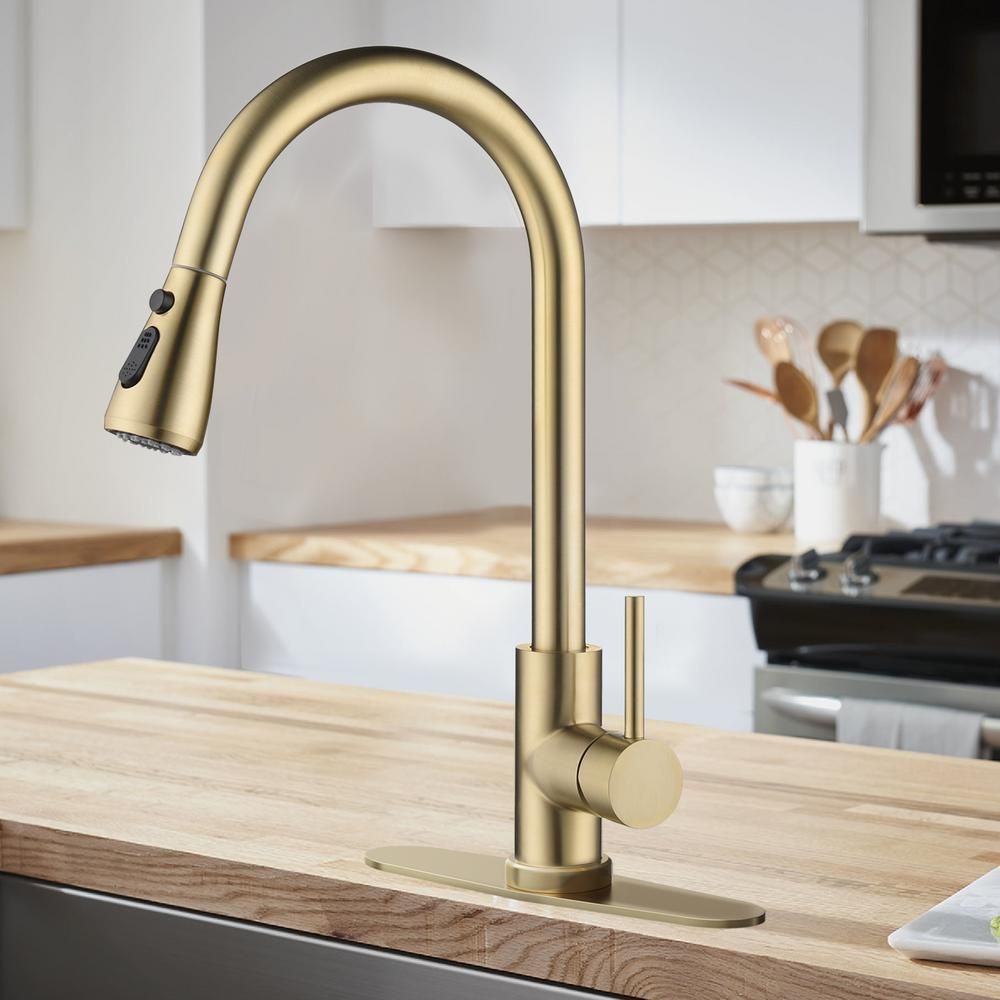 GIVING TREE Single-Handle Deck Mount Gooseneck Pull Down Sprayer Kitchen Faucet in Brushed Gold Facu | The Home Depot