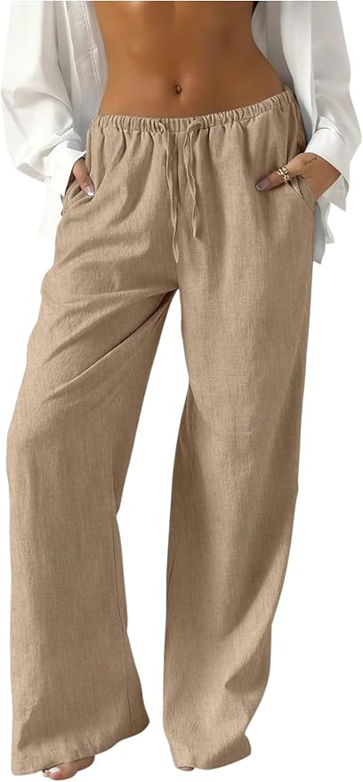 Womens Cotton Linen Wide Leg Palazzo Pants Casual Loose Drawstring Elastic Waist Summer Beach Tro... | Amazon (US)