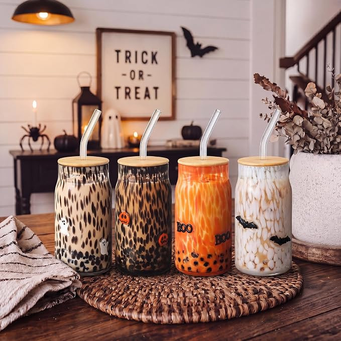 Potchen 4 Pcs Halloween Confetti Icon Juice Glass Tumbler with Lid and Straw, 16 oz Pumpkin Ghost... | Amazon (US)