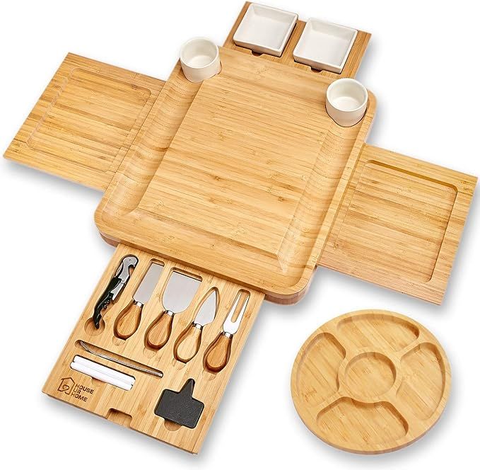 Cheese Board - 2 Ceramic Bowls 2 Serving Plates. Magnetic 4 Drawers Bamboo Charcuterie Cutlery Kn... | Amazon (US)