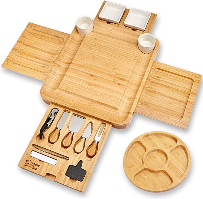 Cheese Board 2 Ceramic Bowls 2 Serving Plates. Magnetic 4 Drawers Bamboo Charcuterie Cutlery Knif... | Amazon (US)