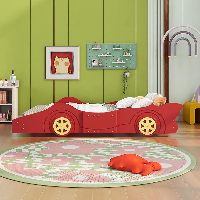 Unique Design Full Size The Cool Race Car-Shaped Platform Bed with Wheels That Express His or Her... | Amazon (US)