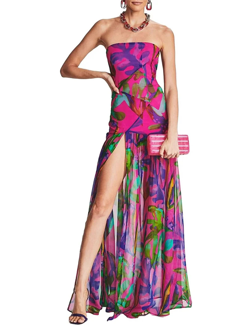 Suagox Women’s Tube Top Dress Slim Strapless Backless Mesh Patchwork Tropical Leopard Print Hig... | Walmart (US)