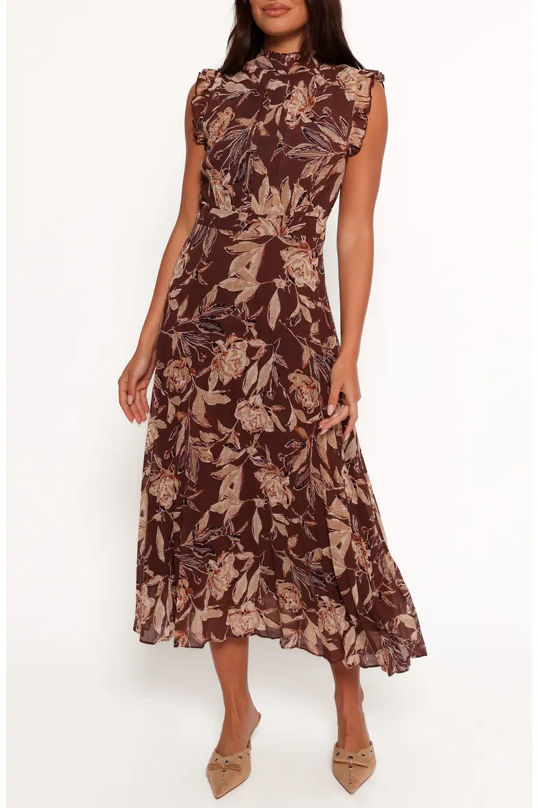 Petal & Pup Delphine Pleated Sleeveless Maxi Dress in Brown Floral at Nordstrom, Size Small | Nordstrom