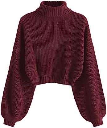 ZAFUL Women's Cropped Turtleneck Sweater Lantern Sleeve Ribbed Knit Pullover Sweater Jumper | Amazon (US)