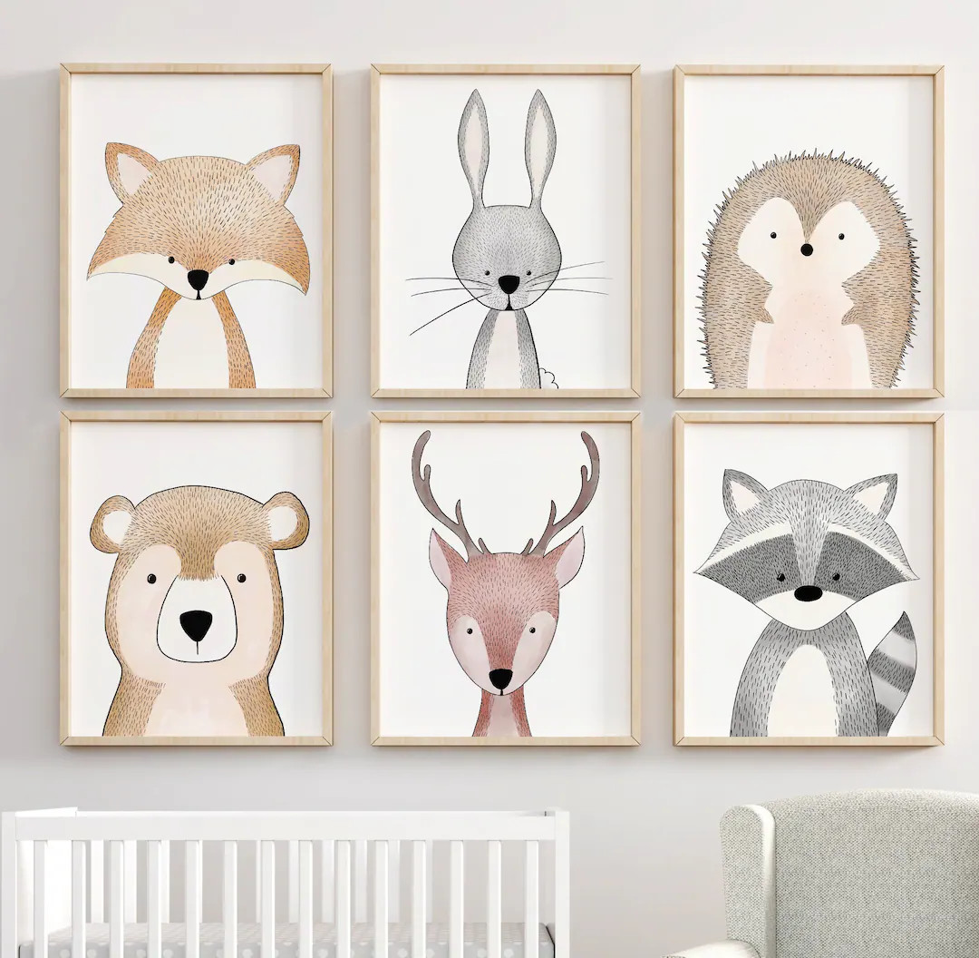 Woodland Nursery Wall Art Set of 3, 6 Prints, Woodland Nursery Décor, Kids Nursery Prints, Woodl... | Etsy (US)