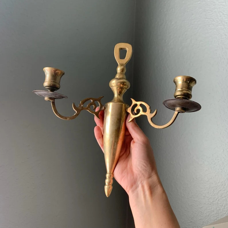 Pair of Vintage Brass Candlestick Wall Sconces / Brass Wall - Etsy | Etsy (US)