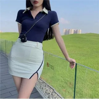 Contrast Collar Polo Shirt / Mini Pencil Skirt | YesStyle Global