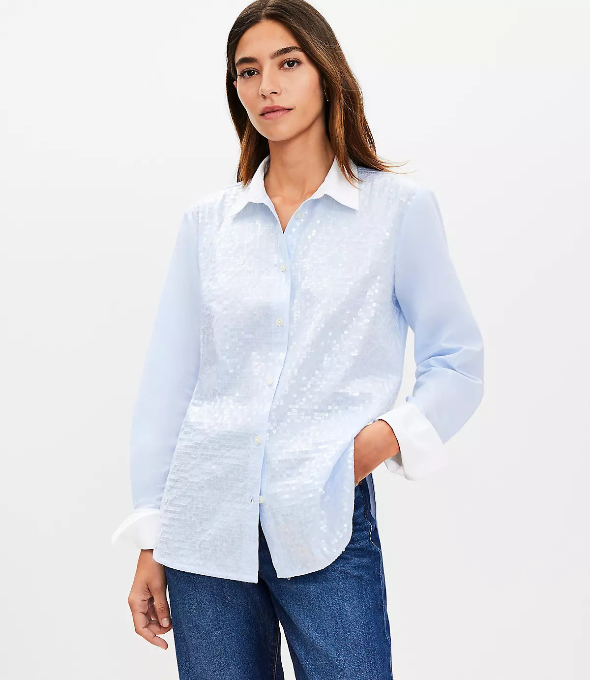 Sequin End On End Cotton Relaxed Shirt | LOFT
