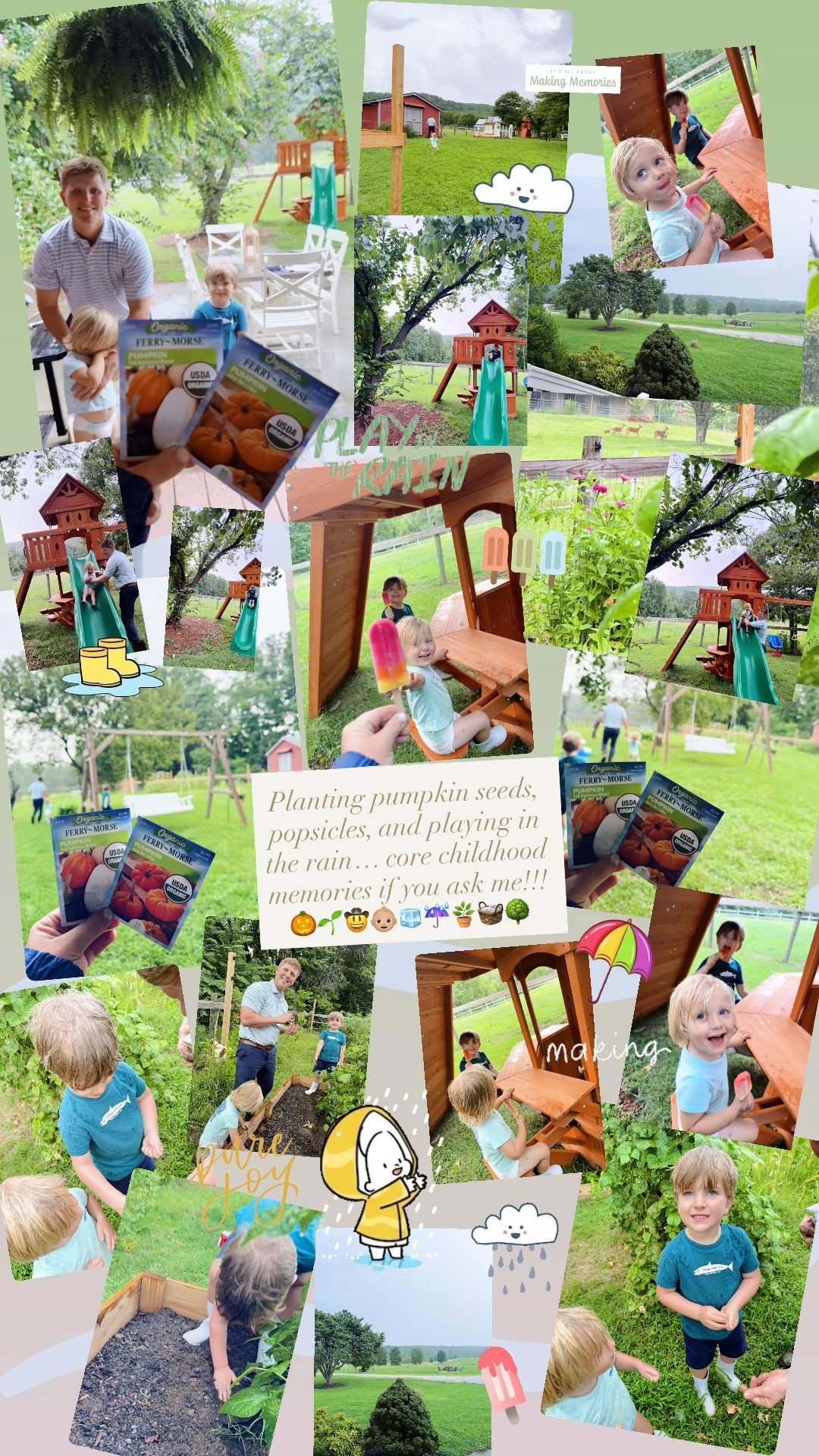 Planting pumpkin seeds, popsicles, and playing in the rain… core childhood memories if you ask me!!! 🎃🌱🤠👶🏼🧊☔️🪴🧺🌳