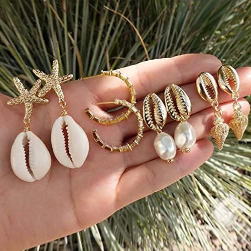 Ckecharfa Boho Hoop Earrings for Women Gold Seashell Earring Set Pearl Ear Stud Starfish Earrings... | Amazon (US)