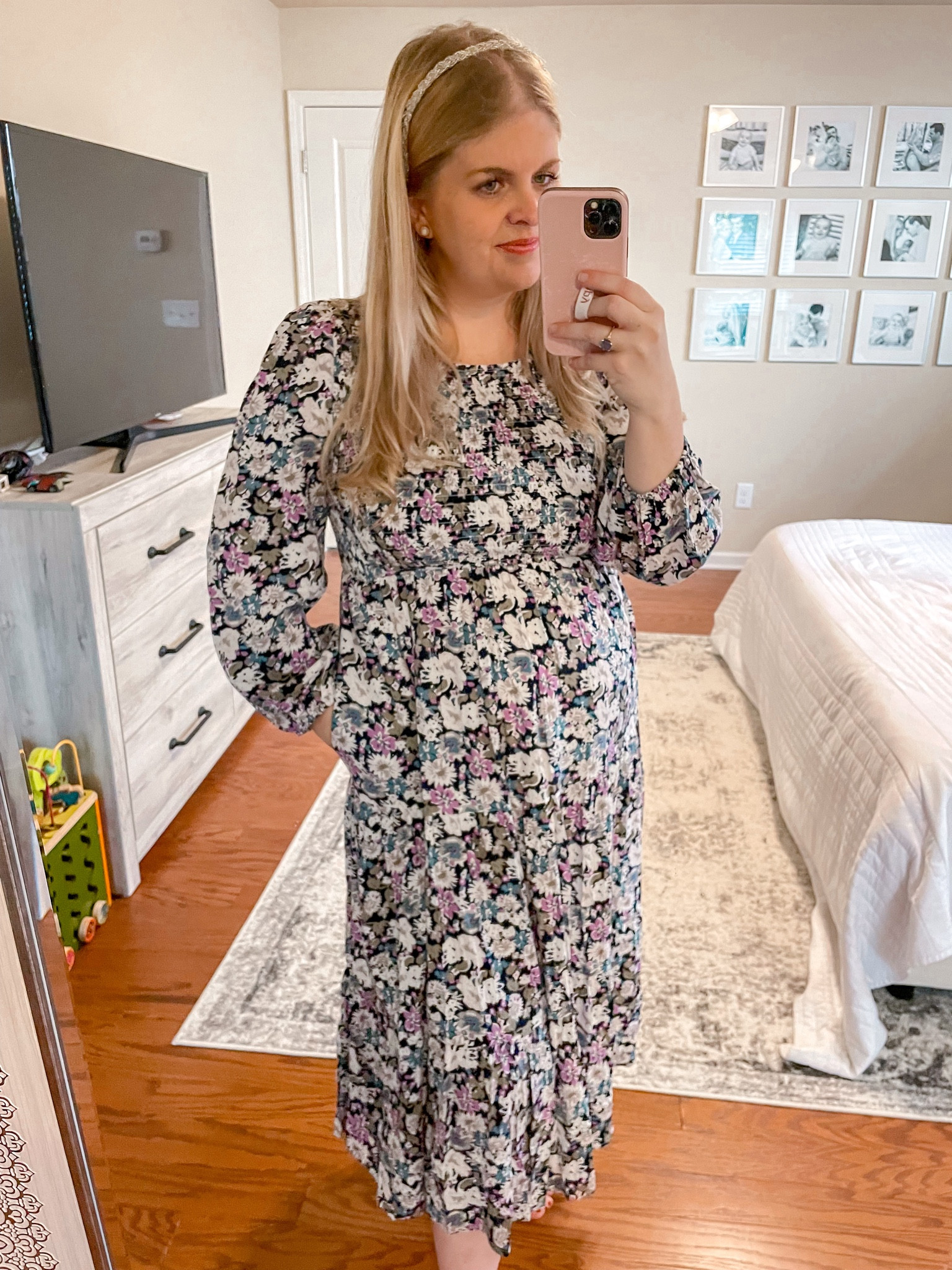 Love this maternity floral mini dress! I'm going to wear this one for thanksgiving! Wearing size L. 

#LTKbump #LTKSeasonal #LTKHoliday