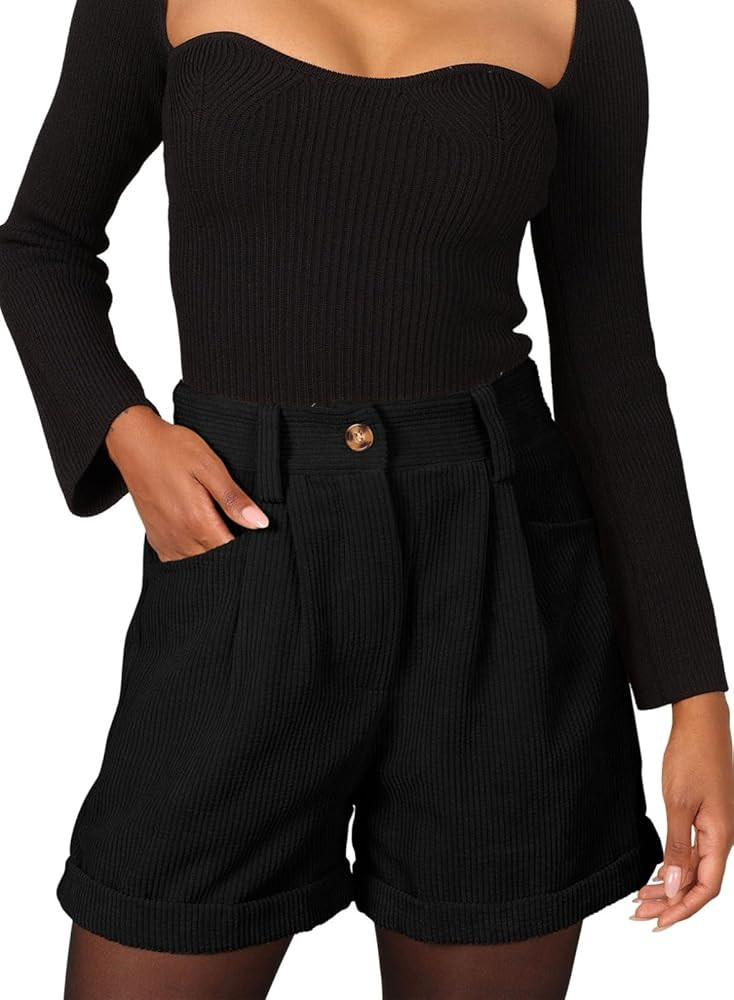 Womens Casual Corduroy Shorts High Waist Roll Up Elastic Relaxed Fit Shorts for Women with Pocket... | Amazon (US)