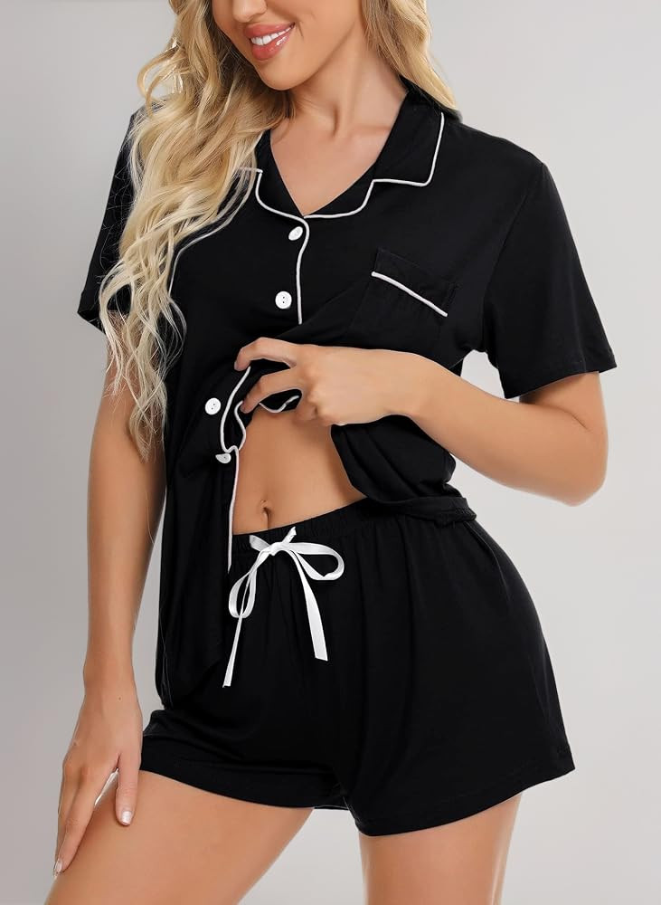 SWOMOG Women Pyjamas Set Short Sleeve Sleepwear Womens Button Down Nightwear PJ Set with Pockets | Amazon (UK)