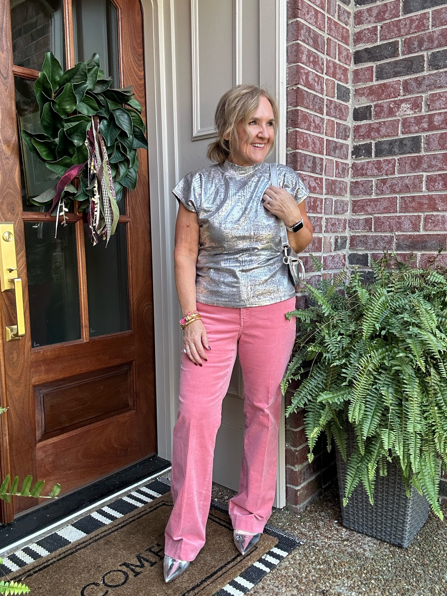 Another look at this silver mock neck top. Wearing a med 
Pink corduroys size 6 reg. Size down. In a petite I would have ordered an 8 petite 

Love all the metallics! A fun way to add some glam to your outfit 

Thanksgiving outfit holiday outfit Talbots pants pink cords 

#LTKOver40 #LTKHoliday #LTKFindsUnder100