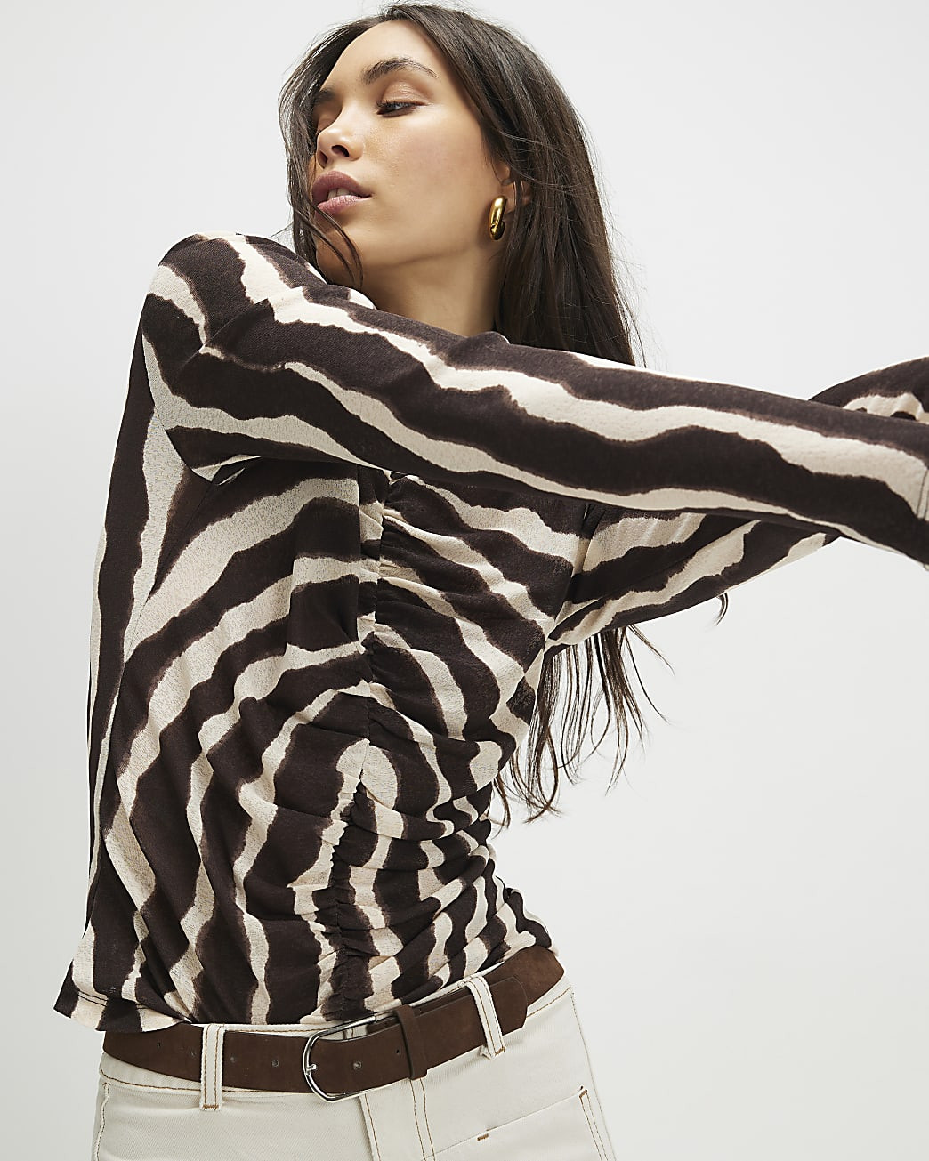 Brown Ruched Wavy Print Mesh Top | River Island UK & IE