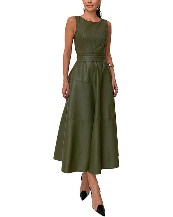 CHARTOU Women PU Faux Leather Sleeveless Elegant Flowy Long Dress Party Night Out Dress with Belt | Amazon (US)