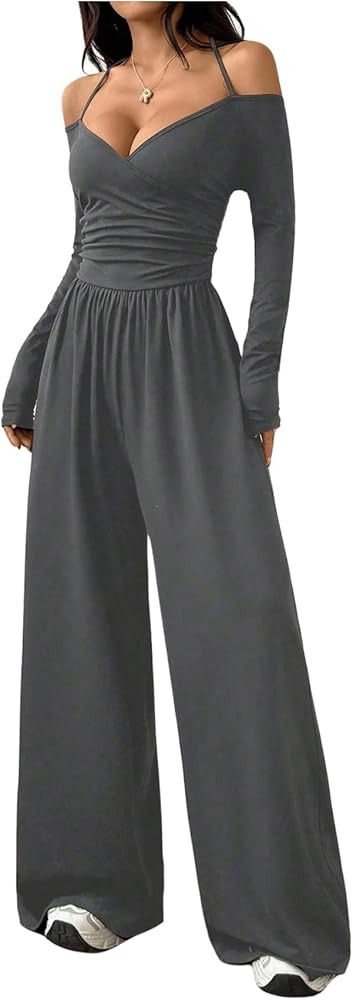 SOLY HUX Women's Wide Leg Jumpsuit Halter Off the Shoulder Long Sleeve Ruched Baggy Pants Romper | Amazon (US)