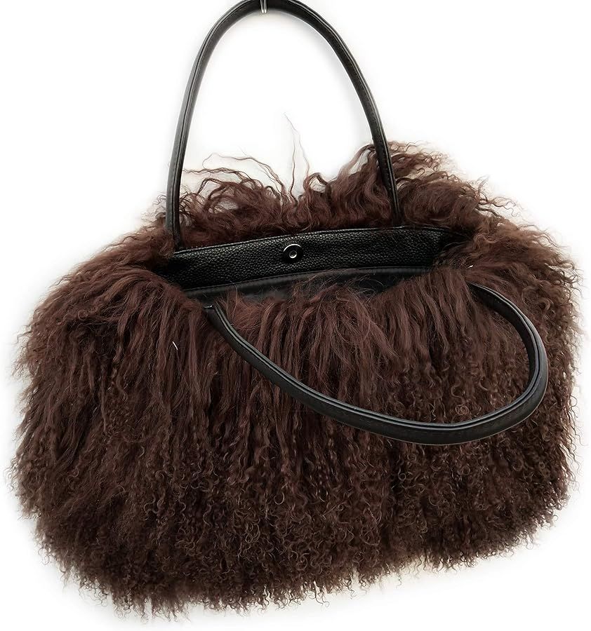 FINILUO Women Luxury Real Lamb/Mongolian Flush Wool Fur With Genuine Leather Handles Handbag | Amazon (US)