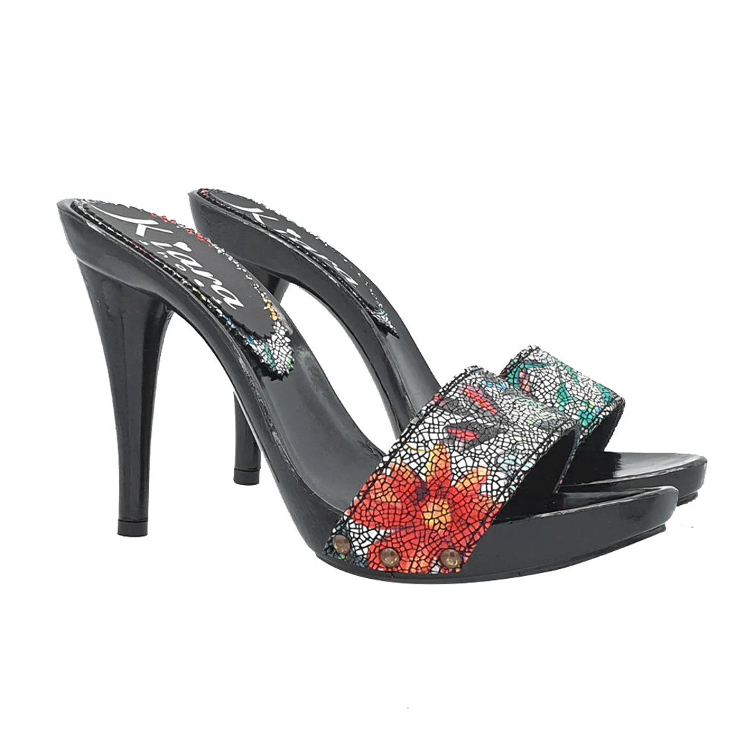 Black lacquered clogs with decorated leather upper - 12 cm heel - KM7503 PIC NERO | Etsy (US)