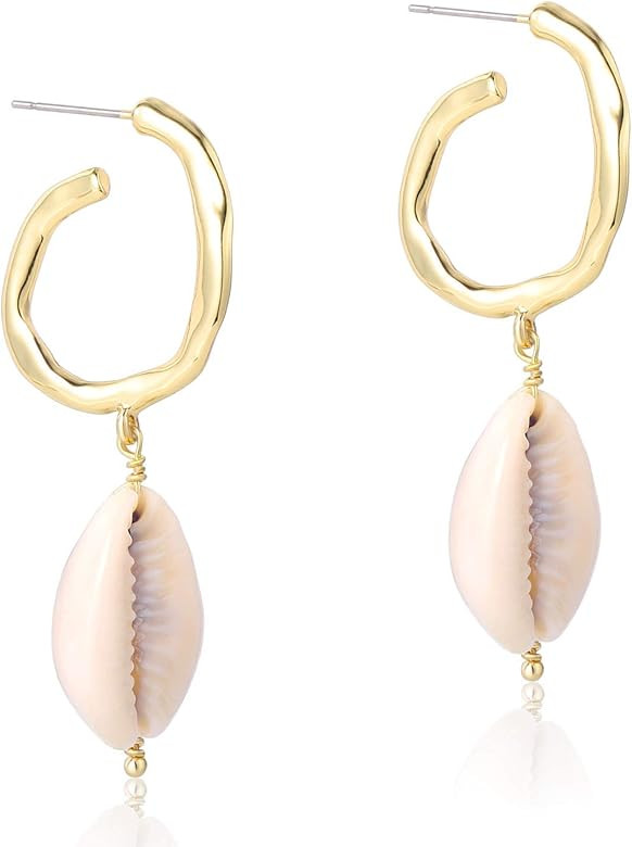 Amazon.com: 925 Sterling Silver Natural Cowrie Shells Semicircle Hoop Conch Seashell Drop Dangle ... | Amazon (US)