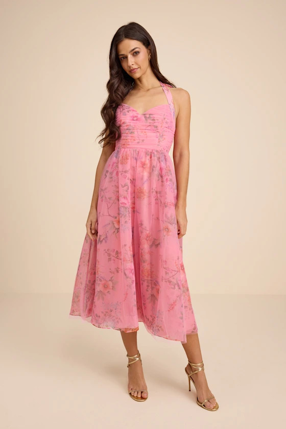 Nisha Pink Floral Organza Halter Midi Dress | Lulus