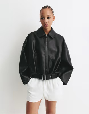 Pull&Bear Leather effect balloon bomber jacket in black | ASOS (Global)
