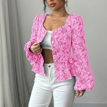 Women Floral Jacquard Sweetheart Collar Lantern Sleeve Ruffle Hem Elegant Blouse, Autumn Peplum Top | SHEIN