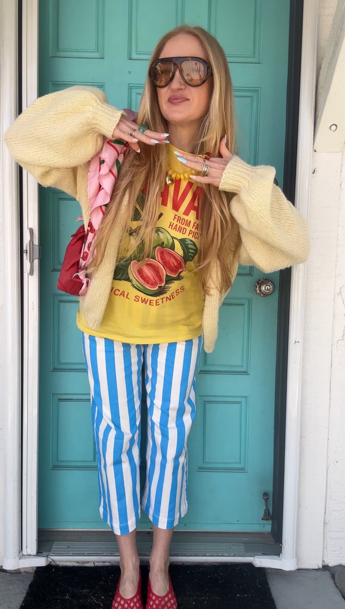 Mom logic: if the outfit is bright, the day is better! ☀️ This primary color combo is giving me all the energy today—pairing these blue striped pants with a yellow graphic tee and layering on a yellow sweater for that extra pop. Finished it off with red accessories because we don't do boring around here! 🌈✨

Wearing M in top, size 8 in pants and M in sweater at 140 lbs and 5’7” for reference. 

#LTKunder50 #LTKunder100 #LTKstyletip #MomStyle #MidsizeFashion #BrightsNotBeige #ColorTheory #OOTD #SpringStyle

Colorful Mom Style, Midsize Outfit Ideas, Primary Color Outfits, Spring Capsule Wardrobe, Brights Not Beige, Graphic Tee Styling, Striped Pants Outfit, Easy Everyday Style.

#LTKgrwm #LTKdayinmylife #LTKmomlife